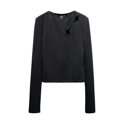ANNAKIKI women's black openwork four-pointed star long-sleeved T-shirt-SOPHIE