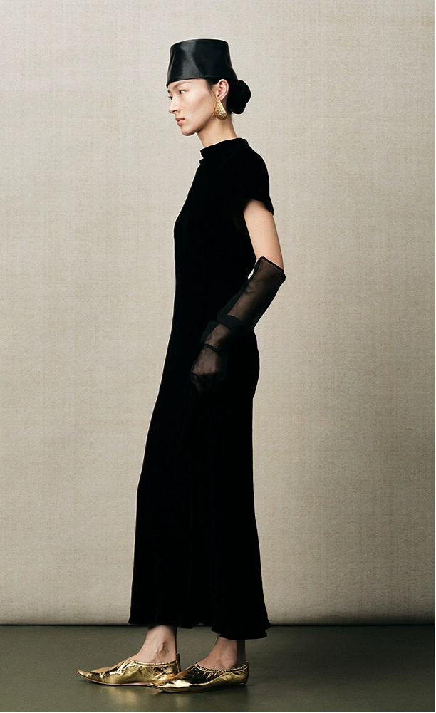 ZHUCHONGYUN crew neck short sleeve black slim long dress-REI.