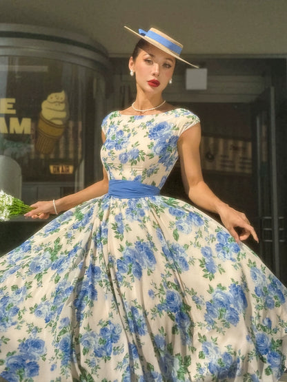 Le Palais Vintage elegant silk floral dress with a huge hem-KOTORI.