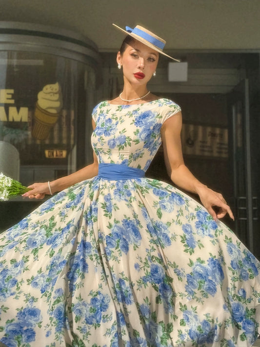 Le Palais Vintage elegant silk floral dress with a huge hem-KOTORI.