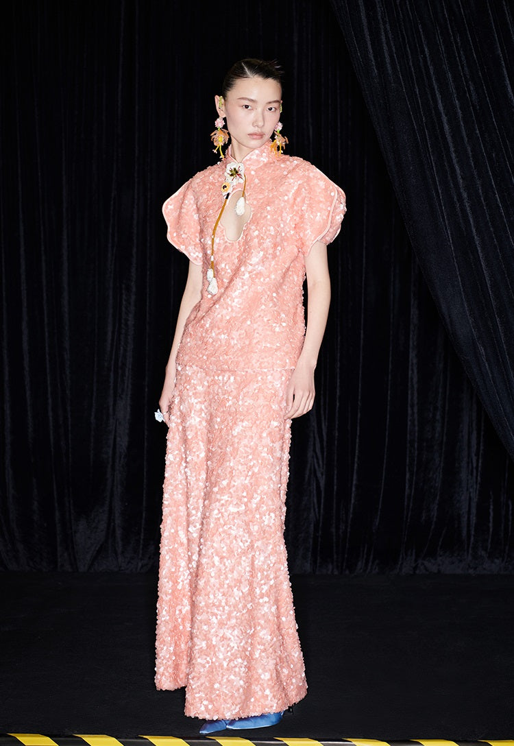 M essential Mackay designer label orange embroidered stand-up collar frame structure slim top - DEMI.