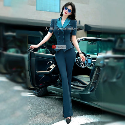 VJE  Double-Breasted Jacket Flared Pants Two-Piece Set - UNIC.