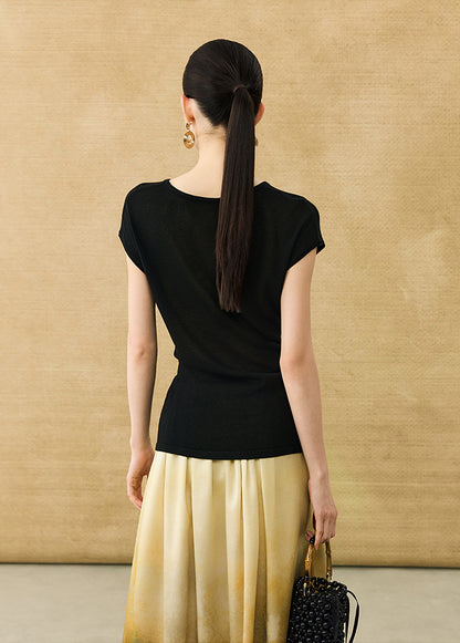 HECO Chinese Slimming Waist Linen Knit Breathable Crew Neck T-Shirt - INDIGO.