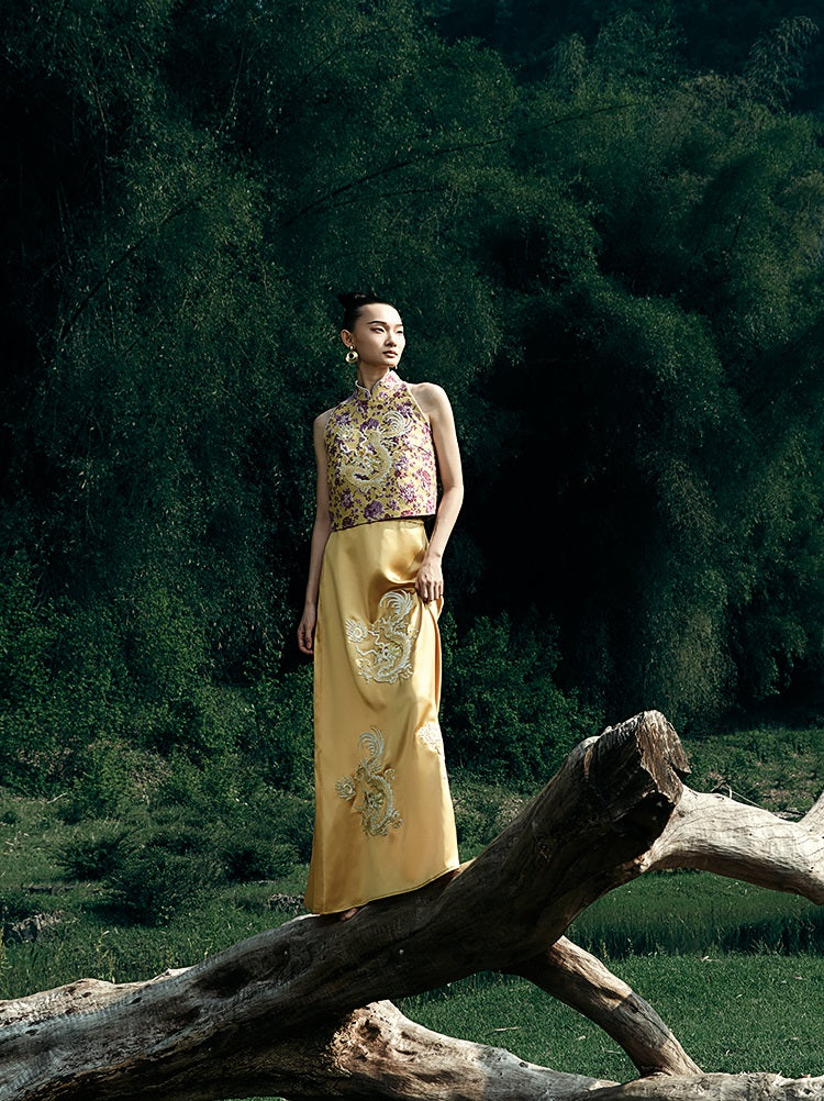 HECO Chinese Embroidery Golden Dragon Acetate Skirt - ALPHA.