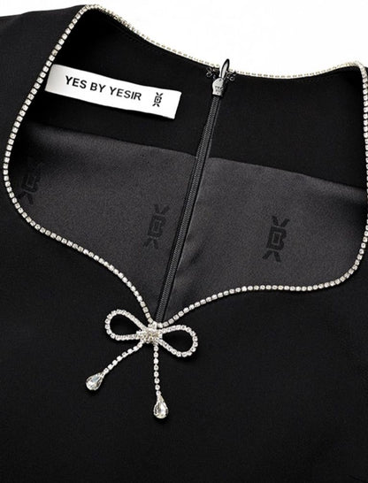 YES BY YESIR | Half-Sleeve Dress with Diamond Bow-VIANORA.