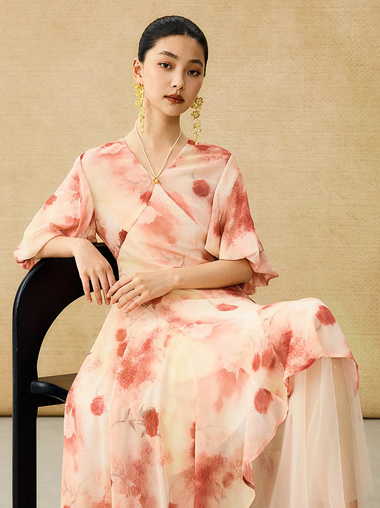 HECO Chinese Floral V-neck Asymmetric Hem Long Dress - DOMINION.