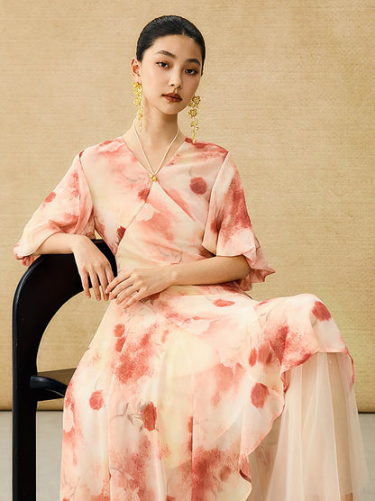 HECO Chinese Floral V-neck Asymmetric Hem Long Dress - DOMINION.