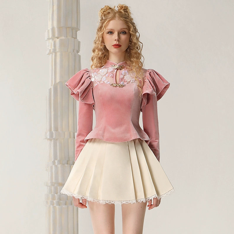 CHECOCRE Classy Winter Palace Style Retro Sequin Stitching Pink Peplum Top - SARAH.