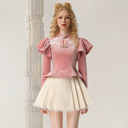 CHECOCRE Classy Winter Palace Style Retro Sequin Stitching Pink Peplum Top - SARAH.