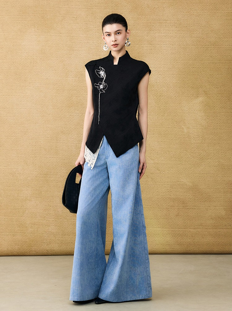 HECO Chinese style asymmetrical hand-embroidered vest top - FORD.