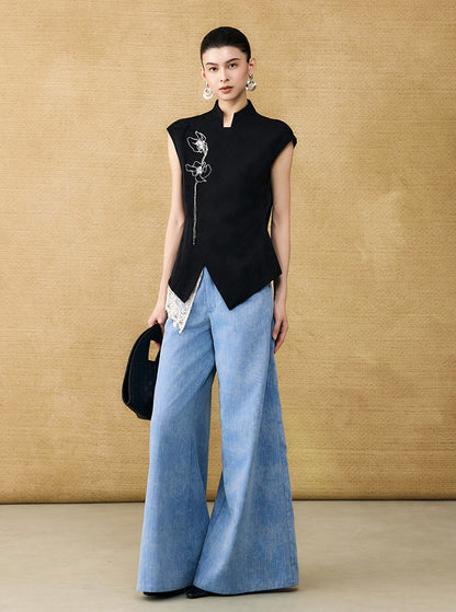 HECO Chinese style asymmetrical hand-embroidered vest top - FORD.