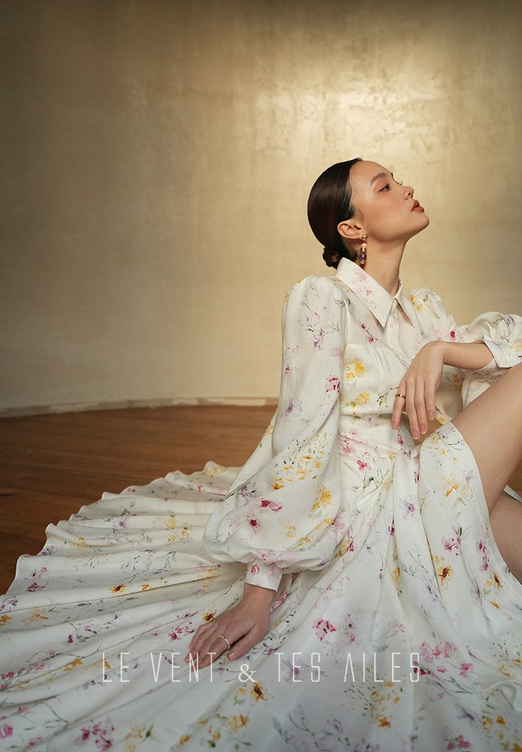 LE VENT&TES AILES Luxury summer vacation floral print Fancy Midi Dress-ZOE