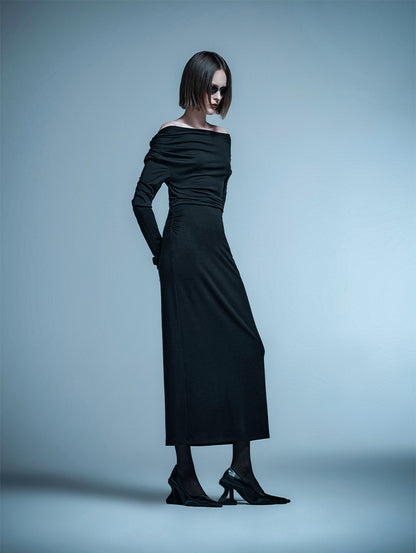 ANNAKIKI  Designer Vertical Back Cut-out Pleated One-Line Neck Dress-MIU