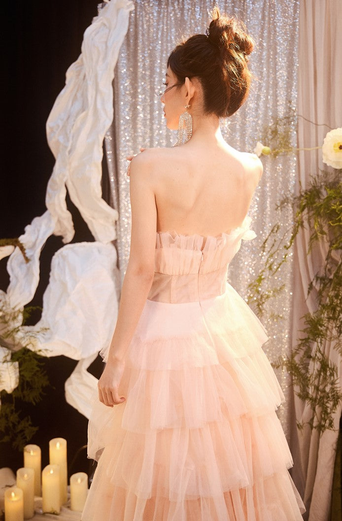 DOLLY Luxury Peach Pink French Style Tube Top Sleeveless High Waist Prom Dress-PEACHES