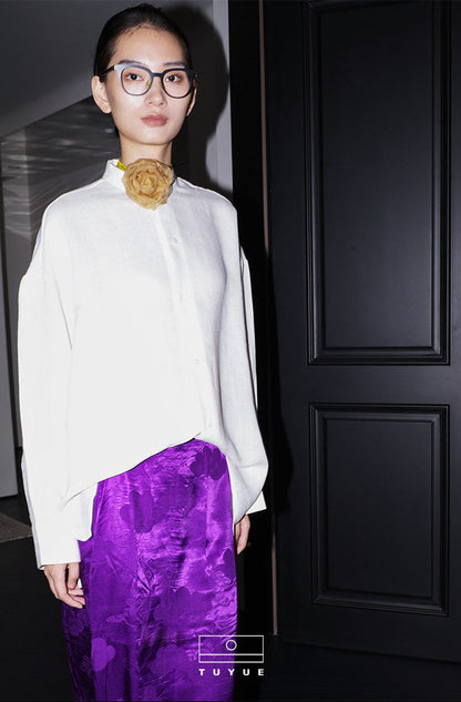 TUYUE white small stand-up collar lazy silhouette long-sleeved shirt- DENVER.