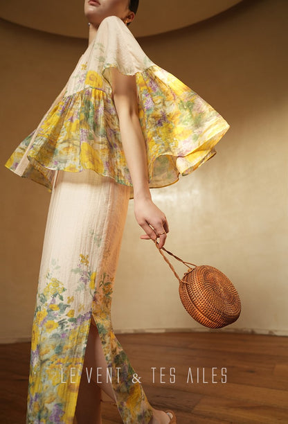 LE VENT&TES AILES Artistic 100% Silk  floral Printed Dress - NINA