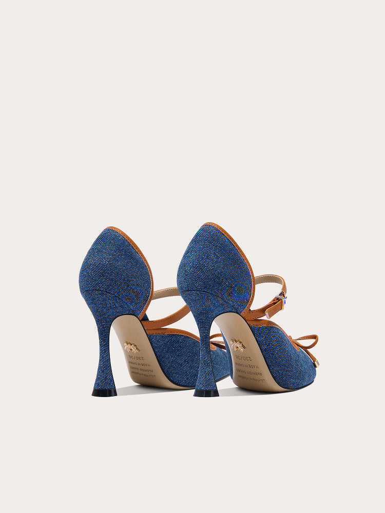 Lily Wei [Denim Style] French Blue Straight Bow Heels, Hollow Sandals- CAMILLE