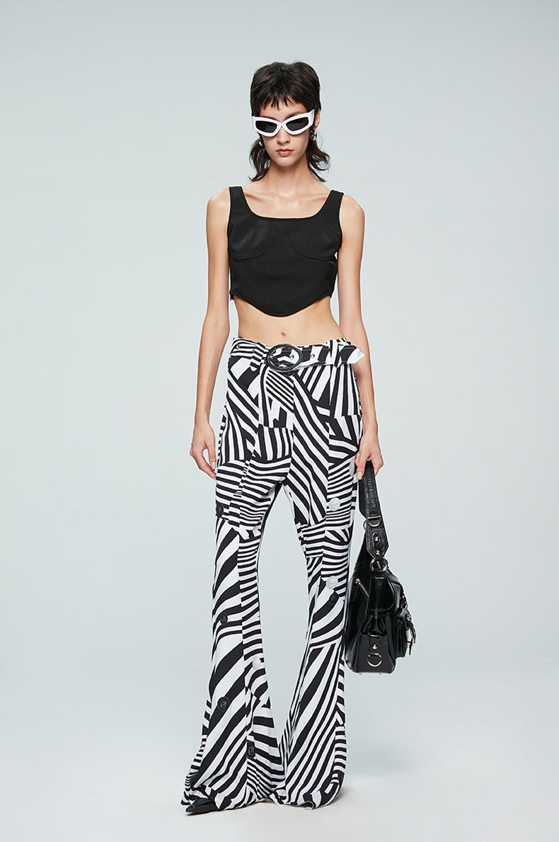 ANNAKIKI black and white contrasting special-shaped striped bootcut trousers for women-HIRANO