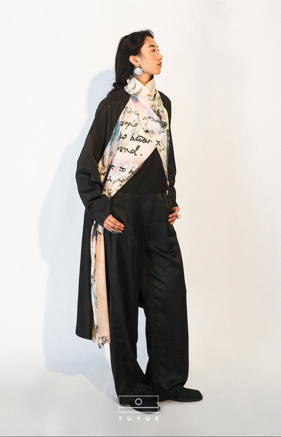 TUYUE art print drawstring stand-up collar trench coat - ERNIE.
