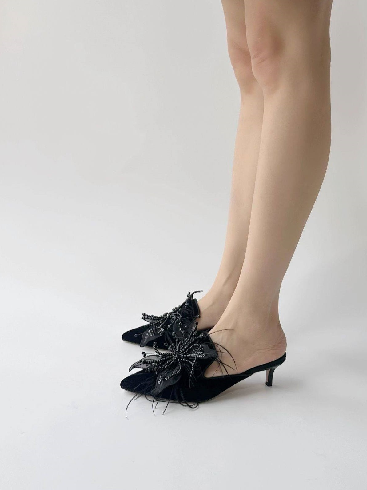 B-FEI kitten heeled niche beaded flower decoration mules-NEULO.