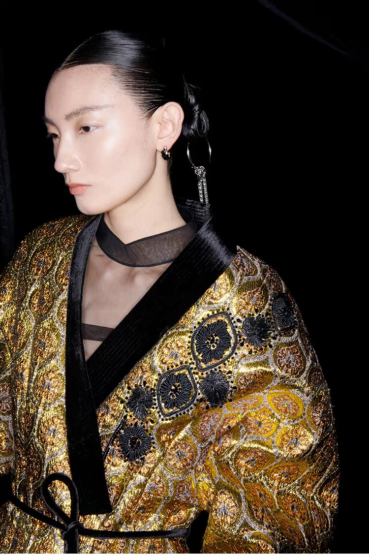 M essential Mackay gold banner jacquard crochet embroidery tunic coat - furbu.