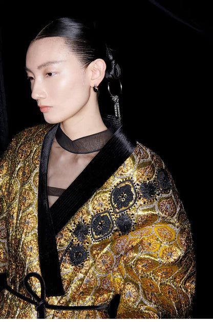 M essential Mackay gold banner jacquard crochet embroidery tunic coat - furbu.