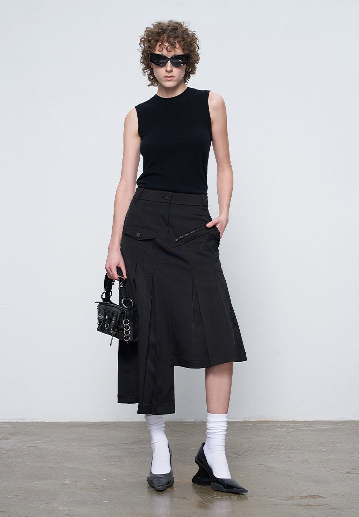 ANNAKIKI model black asymmetrical pleated skirt for women-CHIKAKO