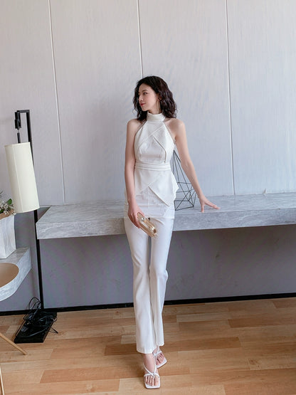 DOLLY Elegant Stand Collar Sleeveless Off Shoulder Top +Long Flared Pants-UGO