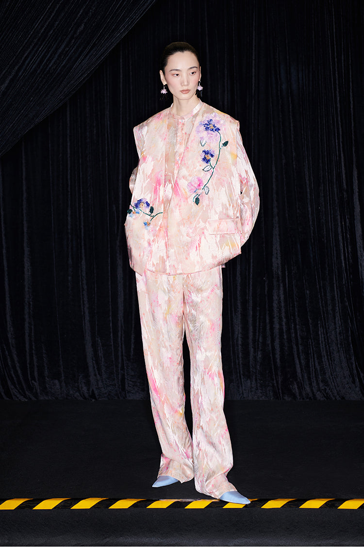 M essential Mackay designer iridescence crepe workshop raffia multi-floral gilet - STEPH.