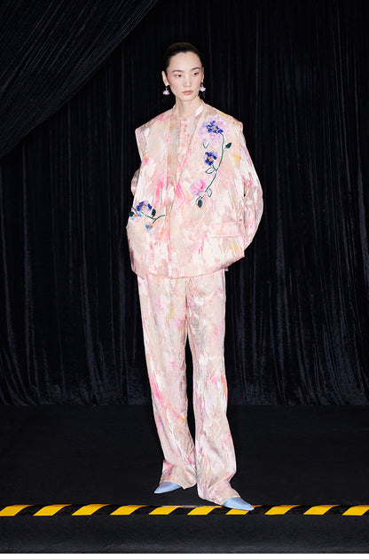 M essential Mackay designer iridescence crepe workshop raffia multi-floral gilet - STEPH.