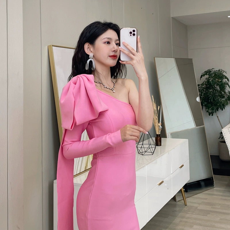 DOLLY Elegant Slant Collar Long Sleeve Bow Drape Body Hug Dinner Dress-CALA
