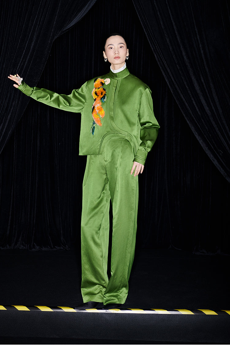 M essential Mackay designer green raffia embroidered jacket pant set - jan.