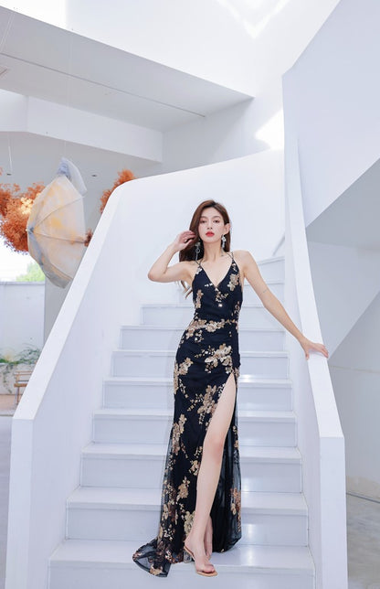 DOLLY High End Sleeveless V-Neck Halter Neck Backless Sexy Long Dress-LEAH