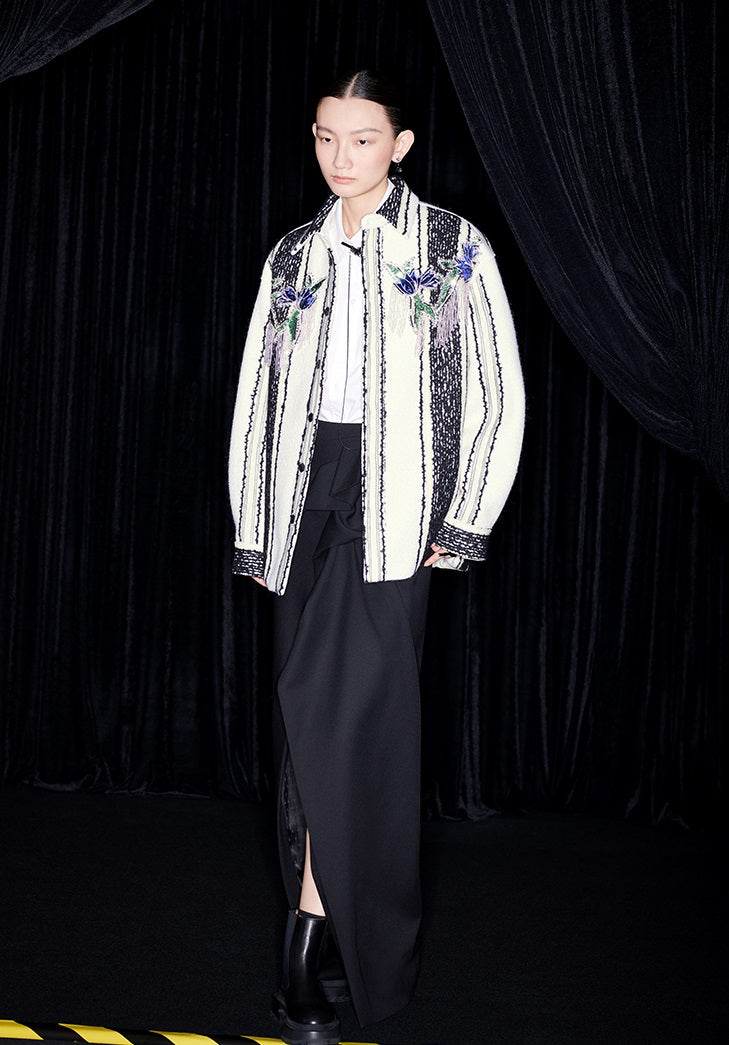 M essential Mackay designer wool stripe workshop embroidered coat - step.