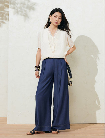 SUSHE LACE STITCHING V-NECK FIVE-QUARTER SLEEVES TWO-PIECE KNITTED TOP-EVA