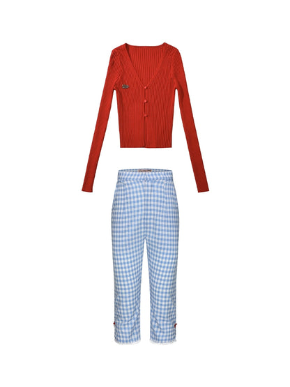 Le Palais Vintage French  Blue  Shorts Red Slim Cardigan- ELFS.