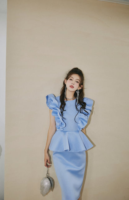 DOLLY High End Blue Crew Nek Ruffled Flying Sleeve Midi Office Dress-BELLONA