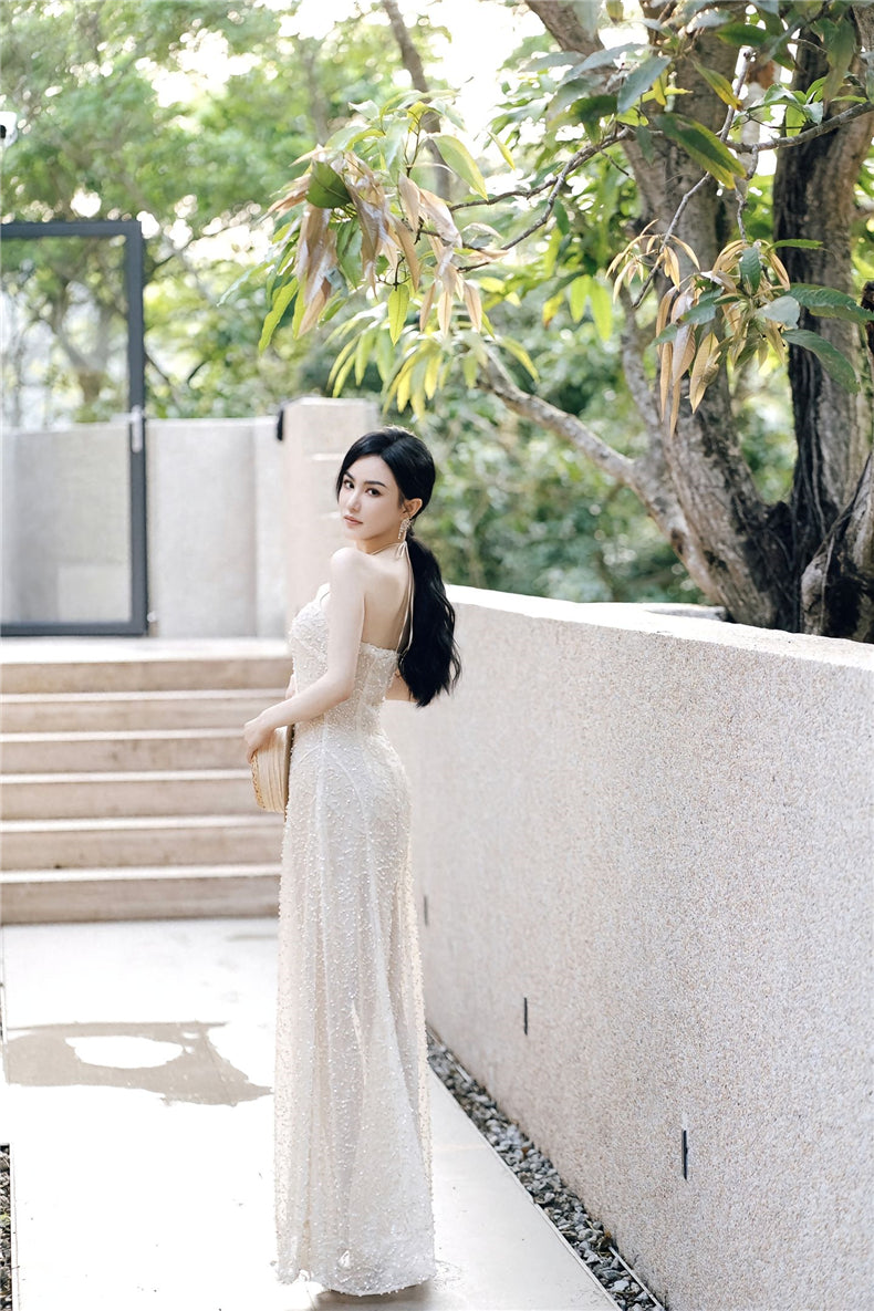 Wardrobes by Chen Luxury French Embroidered Butterfly Halter neck slick Dress- Kara