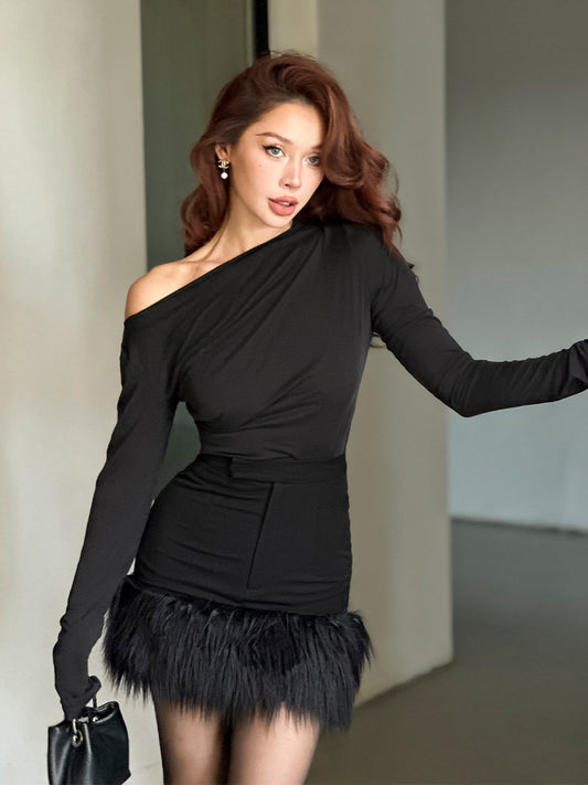 Le Palais Vintage Luxury Plain Black High Waist Hip Fur Rim Short Cocktail Skirt-Avery.