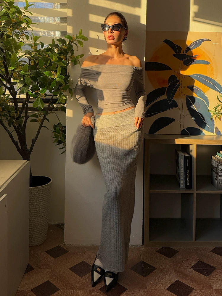 Le Palais Vintage Autumn/Winter Gray Wool Knit Wrap Long Skirt-FERA