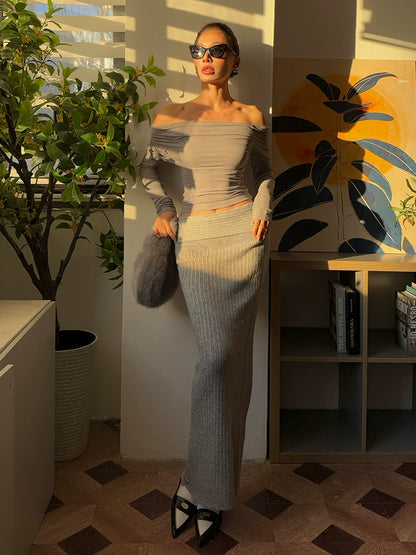 Le Palais Vintage Autumn/Winter Gray Wool Knit Wrap Long Skirt-FERA