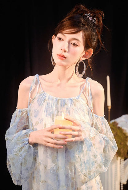 DOLLY Elegant Blue French Style Floral Off Shoulder Loose Glitter Resort Dress-TEE