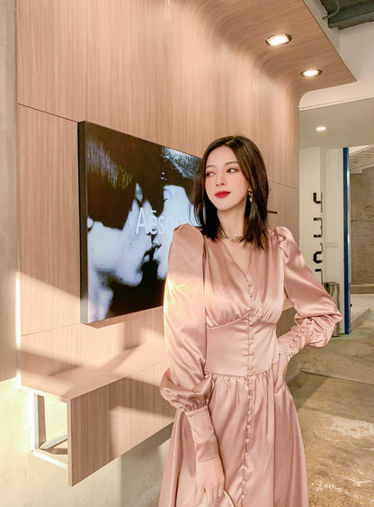 DOLLY Elegant V-Neck Long Lantern Sleeve Long Button Church Dress-NANA