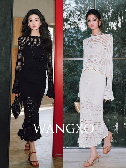 WANGXO | Handmade Beading Flared Sleeve Top & Fishtail Skirt Set -RAWLING.