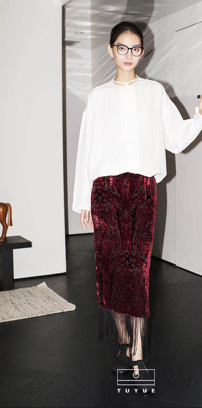 TUYUE silk burnt flower tassels midi skirt - MIN.