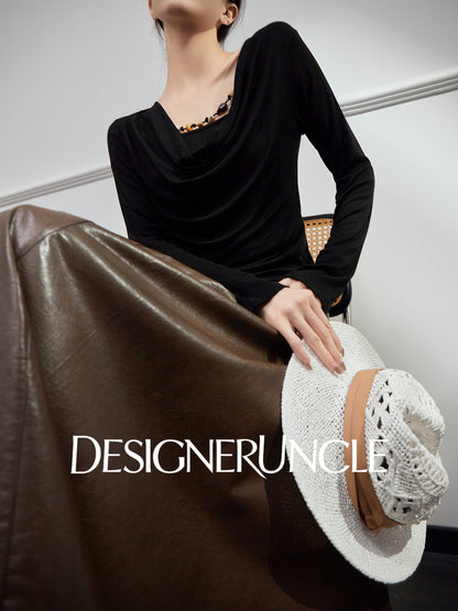 DGU|Black Knitted Drape V-Neck Top and brown pleater skirt- WAVES.
