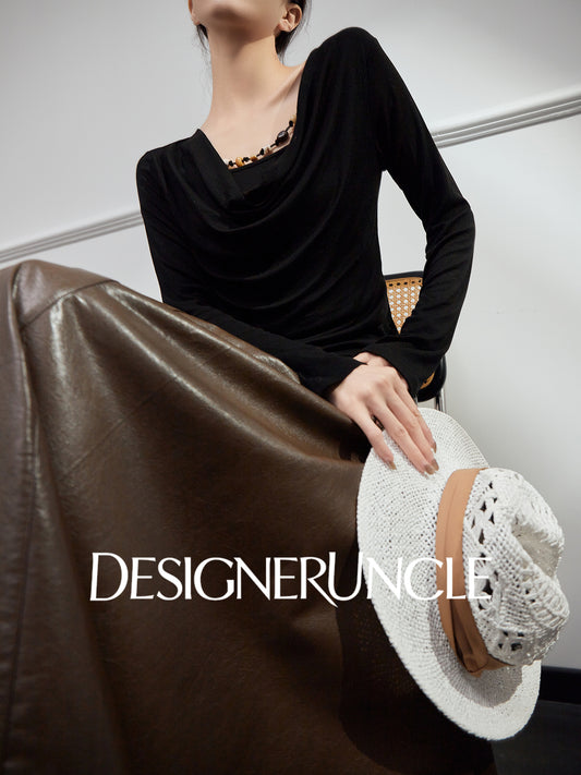DGU|Black Knitted Drape V-Neck Top and brown pleater skirt- WAVES.