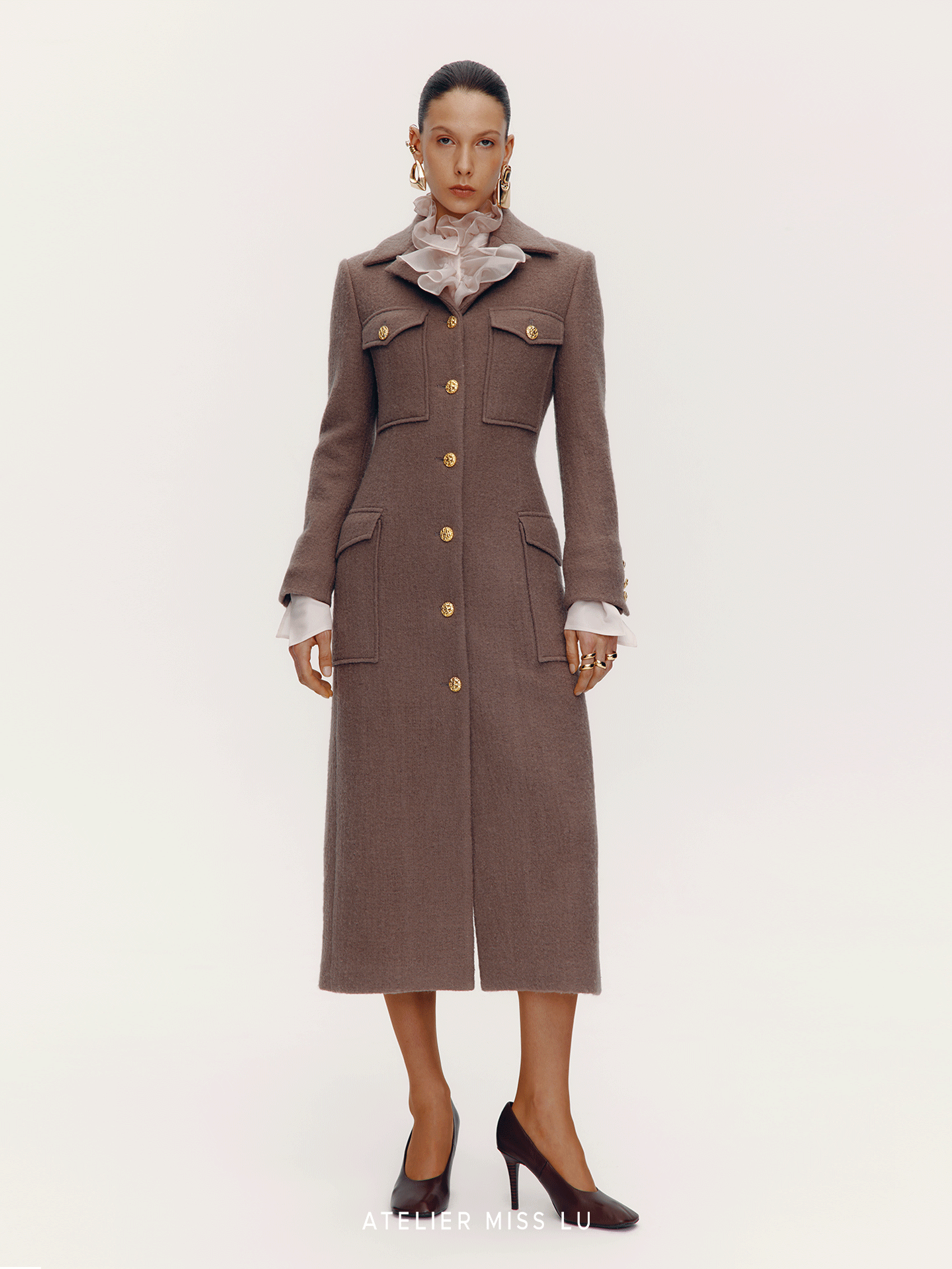 ATELIER MISS LU  Pocket Design Sheep Wool Slim Long Coat - ENID.