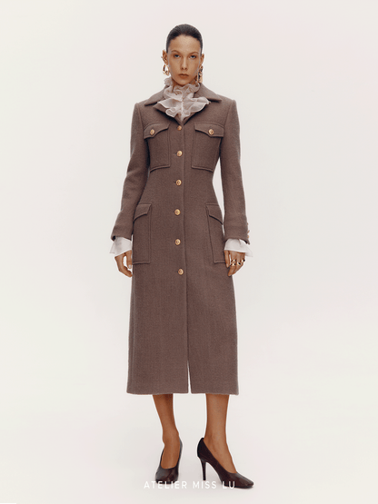 ATELIER MISS LU  Pocket Design Sheep Wool Slim Long Coat - ENID.