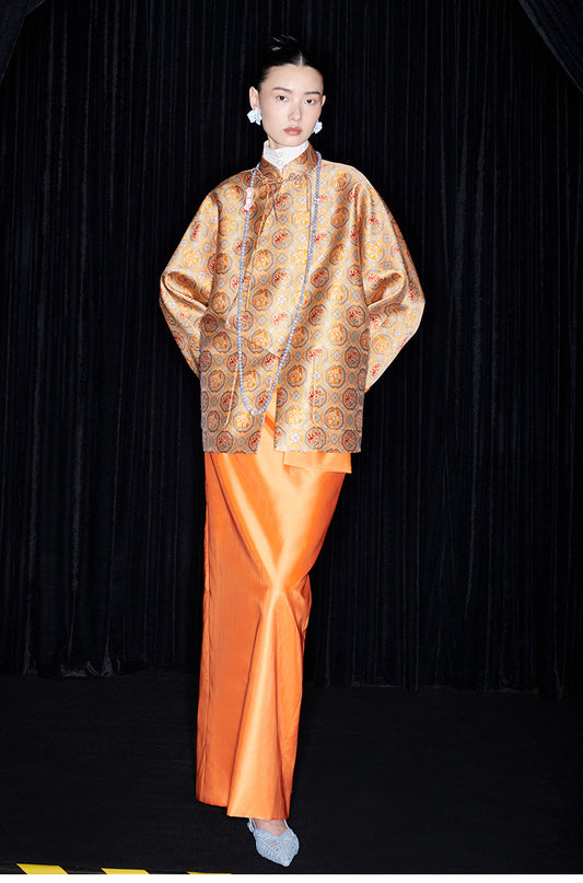 M essential Mackay designer halo stand-up collar jacket orange skirt suit  - Guaida.